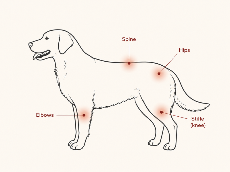 Dog joint anatomy diagram showing treatment areas
