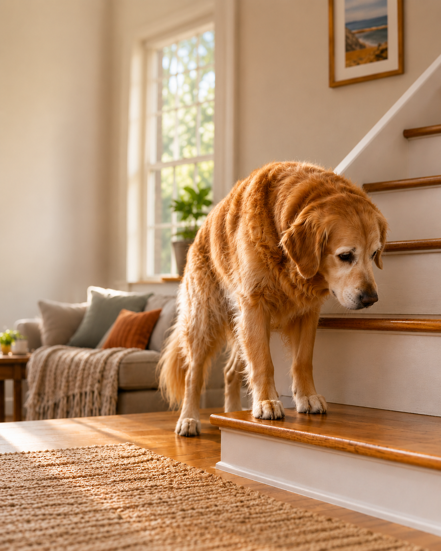 Senior dog hesitating before stairs