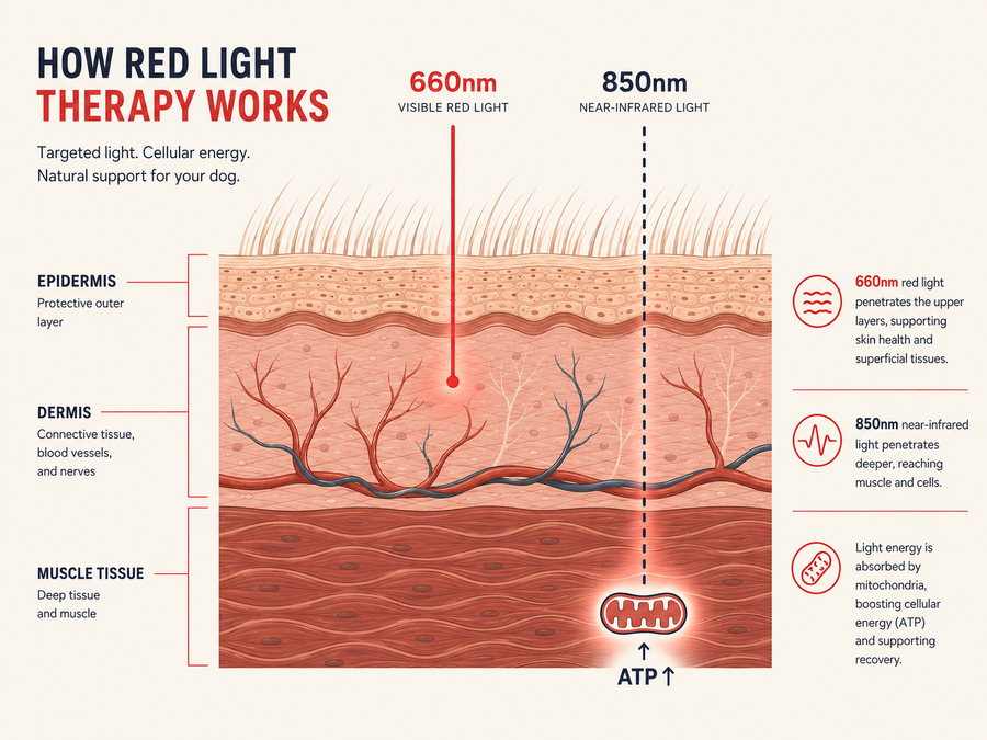 Photobiomodulation diagram showing light interacting with dog tissue