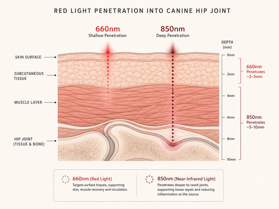 Wavelength penetration depth diagram showing 660nm vs 850nm tissue depth